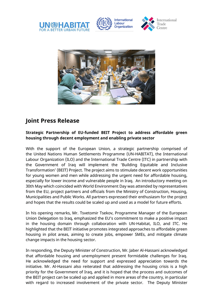 EU-funded BEIT project strategic partnership to address affordable green housing through decent employment and enabling the private sector [EN/AR] - Iraq